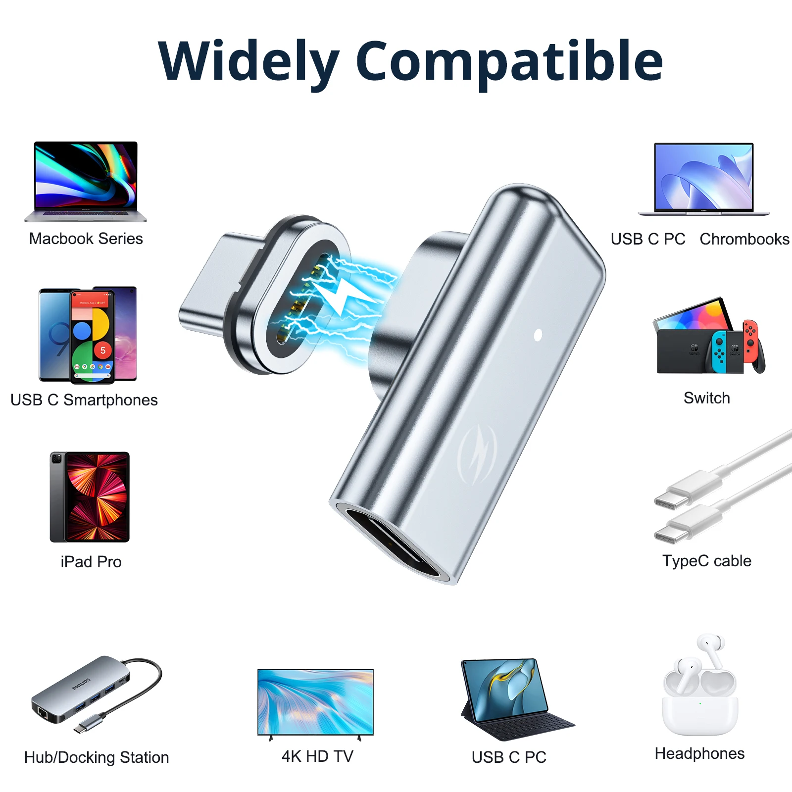 FONKEN Magnetic USB C Adapter 24 Full Pin for 100w Fast Charging 4K Video 10Gbs Data Transfer Usbc to USB-C Magnetic Connector
