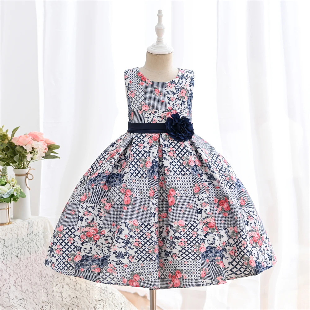 Outong 5 To 9 Year Old Girl Floral Dress Short Sleeve Flower Print Dresses For Children Birthday Cotton Soft Kids Clothes Girls