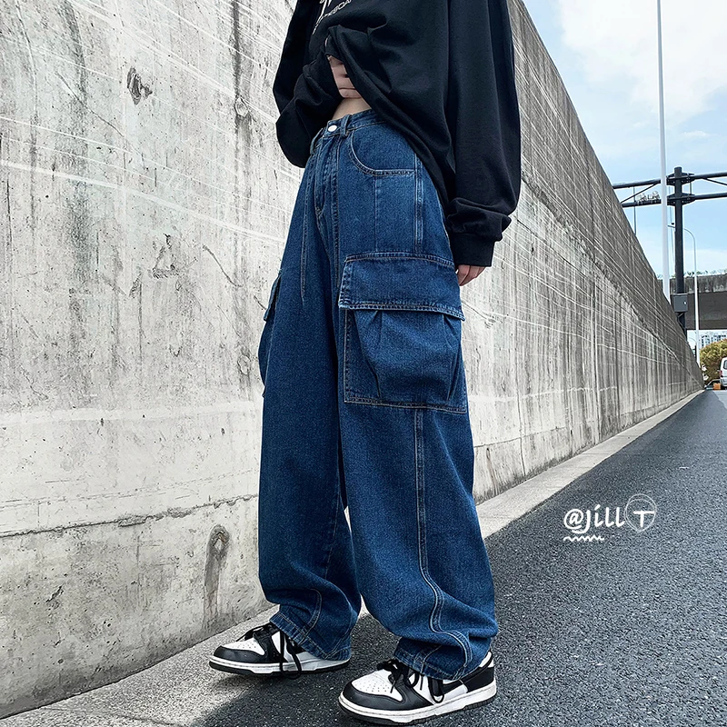 High Street Retro Casual Large Pocket Overalls Men's and Women's New Summer High Waist Loose Straight Tube Draped Striped Jeans