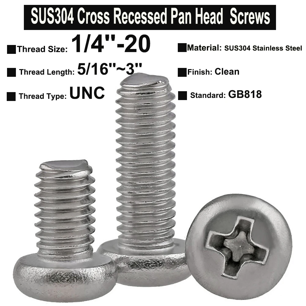 

5Pcs~20Pcs UNC Thread 1/4-20x5/16''~3'' GB818 SUS304 Stainless Steel Cross Recessed Pan Head Phillips Screws Machine Screws