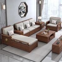 new chinese style solid wood sofa full solid wood light luxury walnut living room small family dual purpose storage combination