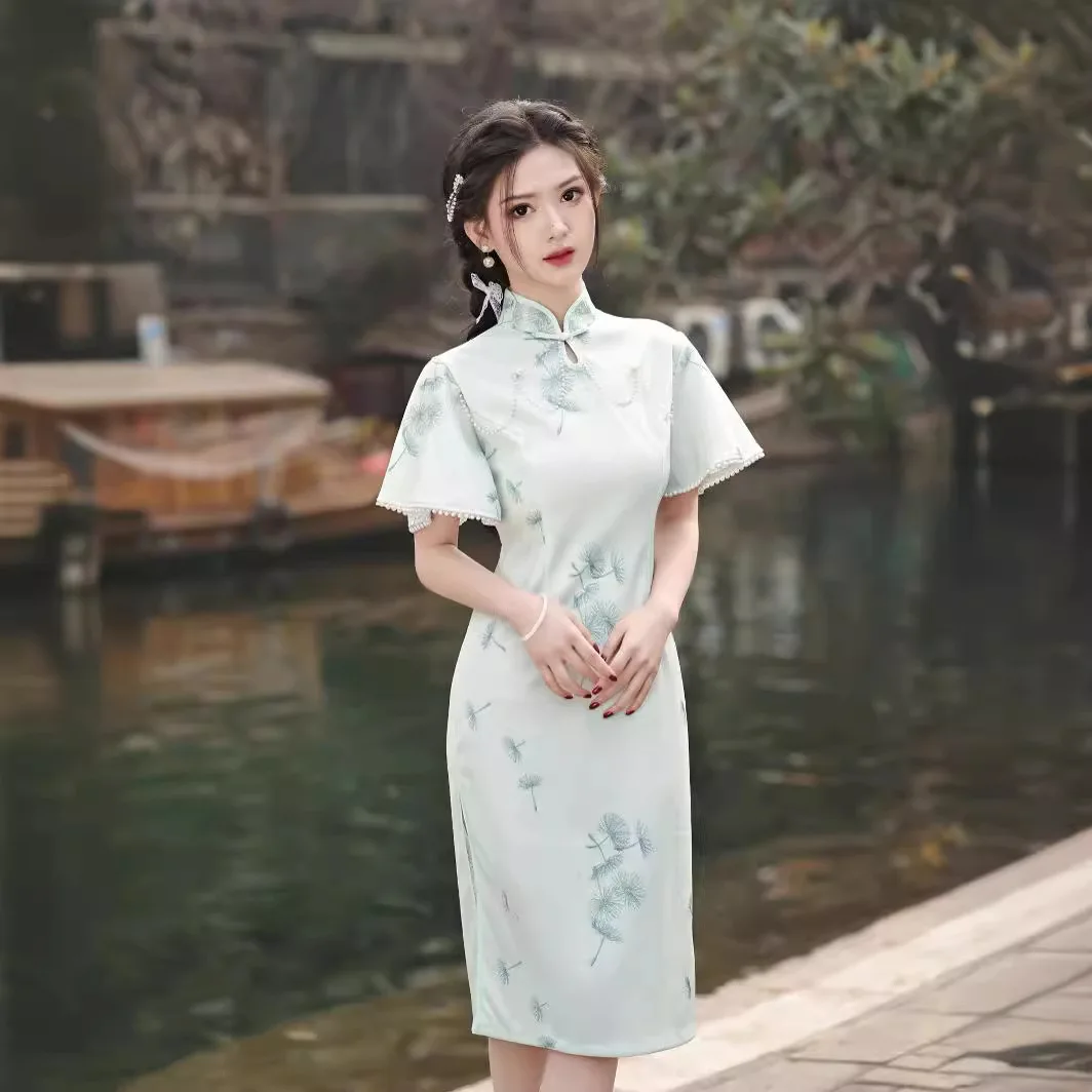 Новинка на весну и лето повседневное китайское платье Qipao с кружевной вышивкой