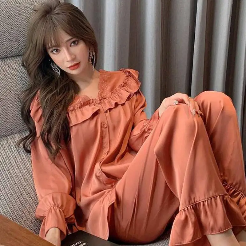 Pajamas Suit Women Pink 2PCS Home Clothing Intimate Lingerie Flare Sleeve Spring Casual V-Neck New Homewear Sleep Set Pyjamas