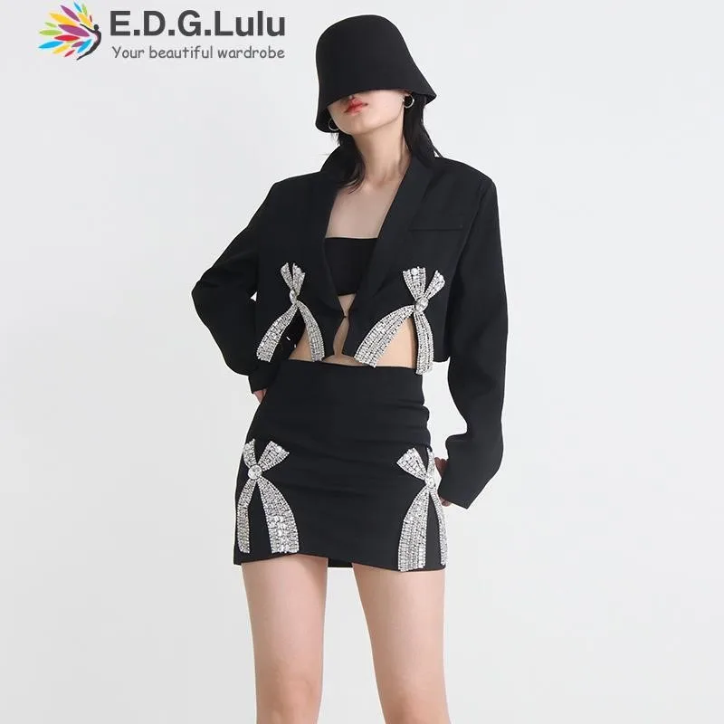

EDGLuLu Two Piece Set For Women Rhinestone Big Bow Long Sleeve Blazers Top+High Waist Mini Bodycon Skirt Women Black Suit 0630