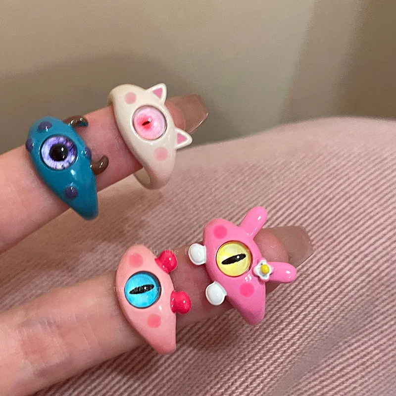 

New Creative Resin Cute Cat Monster Eye Opening Ring for Women Girls 2023 Ins Fashion Index Finger Colorful Jewelry Accessories