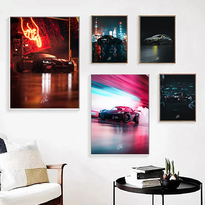 

Современный неоновый плакат гоночного автомобиля, неоновый пейзаж, картина, украшение для гонок, художественный декор, печать на холсте, картина для комнаты