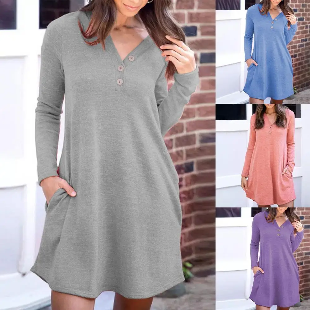 

Spring Women T-shirt Dress Solid Color Pockets Spring Autumn Loose-fitting All Match Mini Irregular Dress for Office Streetwear