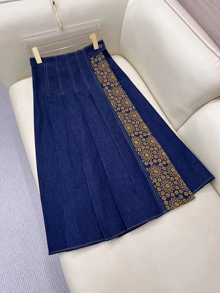 Runway Fashion 2023 Early Spring Denim Skirt Women High Waist Blue Embroidery Vintage Pleated Casual Midi