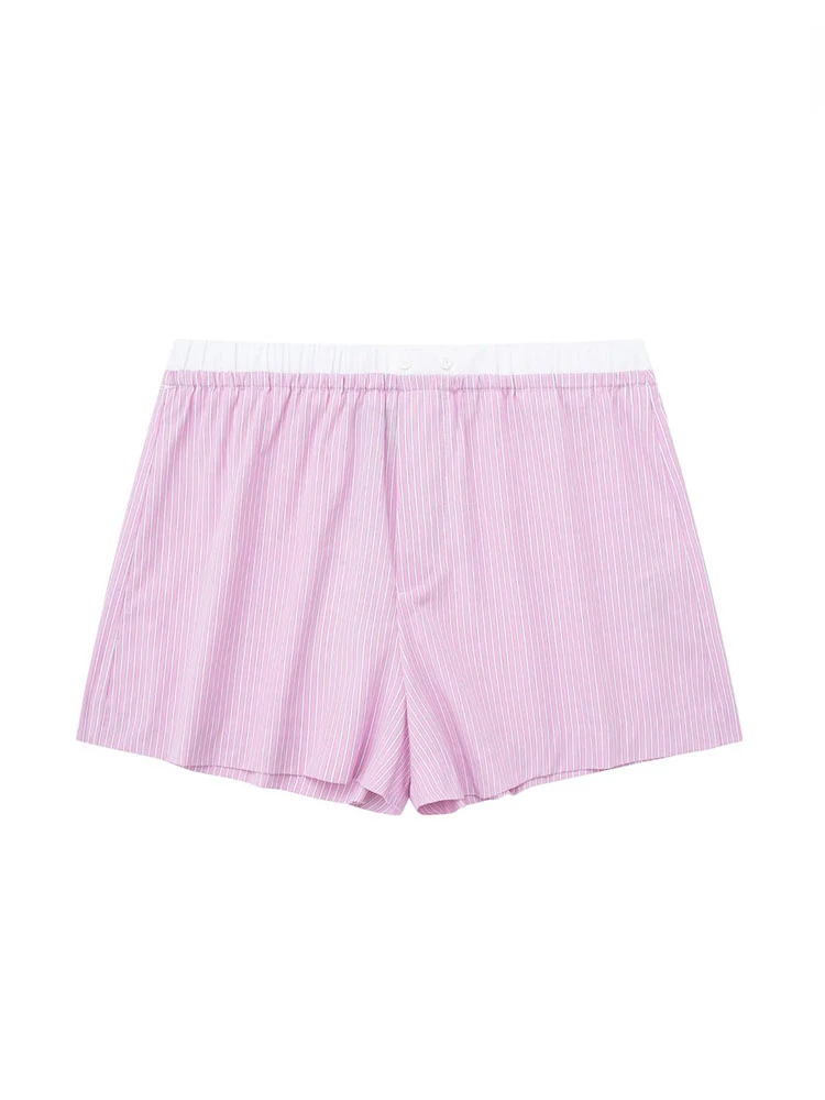 TRAF Women Fashion with Contrast Striped Shorts Vintage Mid Elastic Waist with Button Female Short Pants Mujer Casual Clothes