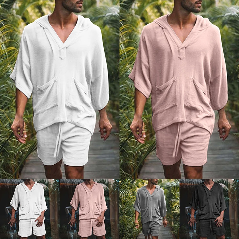 

2022 New Men Shorts And Shirt 2-piece Summer Cotton Linen Loose Beach Vacation Short-sleeved Shirt Shorts Men Outfit Set