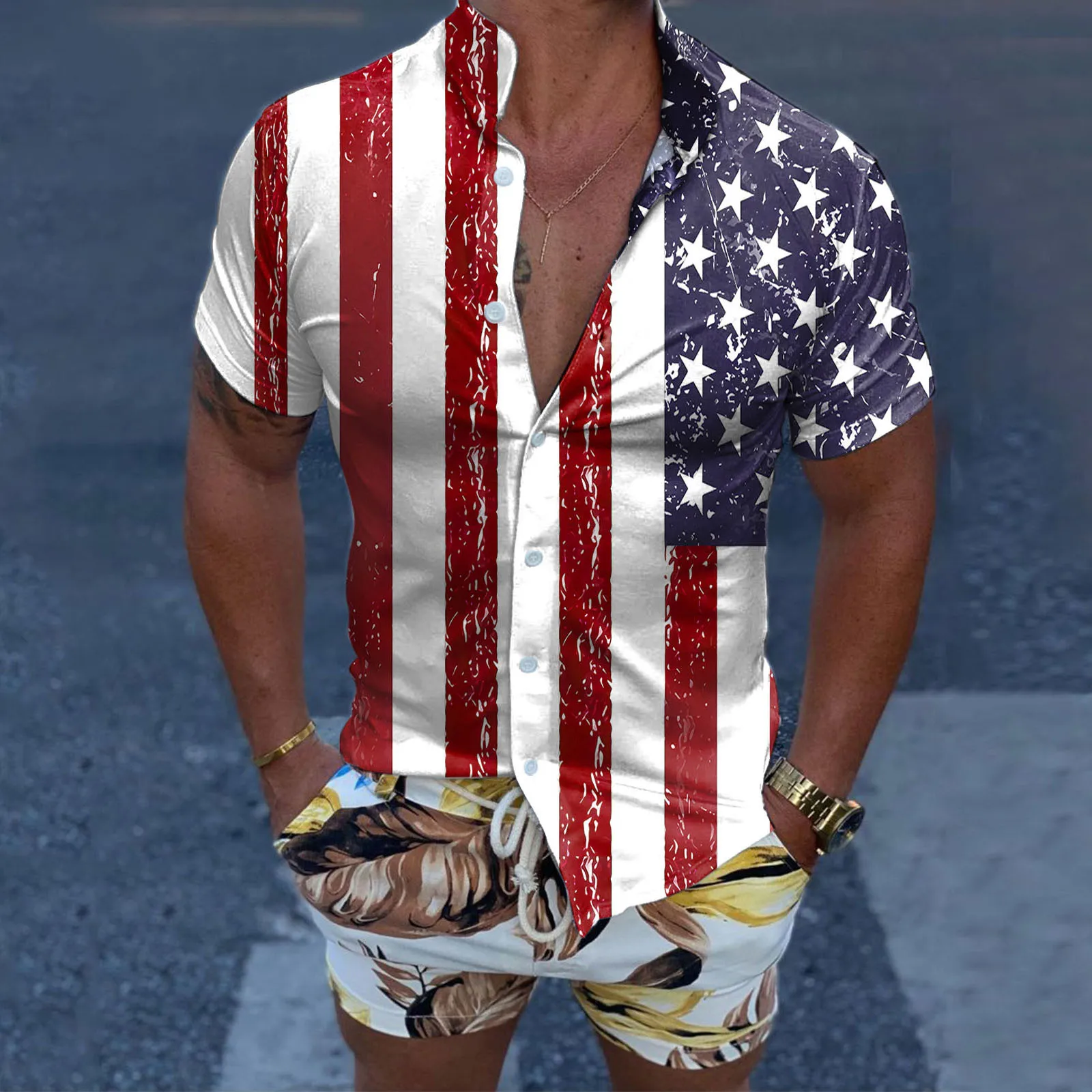 

Рубашка мужская с коротким рукавом, винтажная блуза с американским принтом, Повседневная модная уличная одежда в стиле Харадзюку