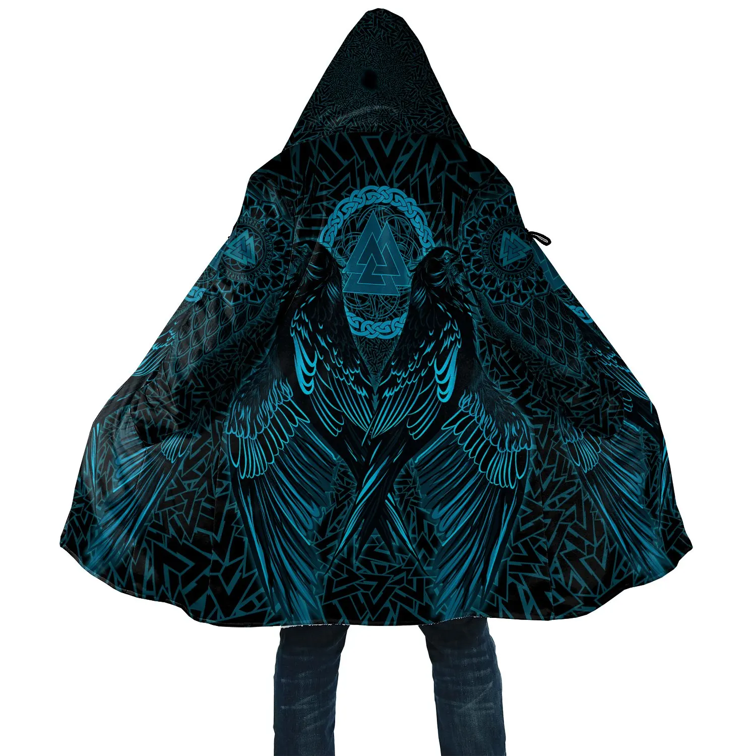 

Winter Mens Viking Style Cloak Odin With Fenrir Valknut Tattoo 3D Print Fleece Hooded cloak Unisex Casual Thick Warm cloak coat