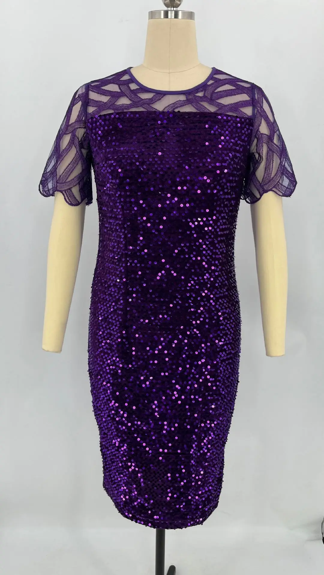 Plus Size Women's Dress Sequin Short Sleeve Dress 2023 New Summer Fashion Solid Color Round Neck Mesh Slim Large Dresses