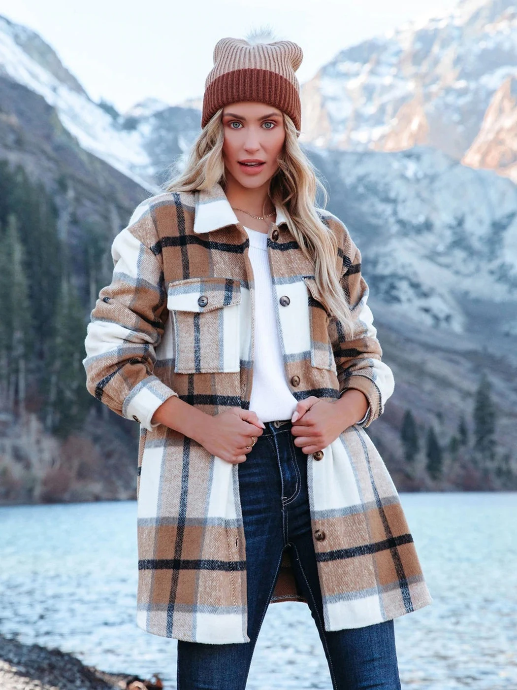 

2022 New Long Woolen Coat Parkas Autumn Winter Casual Tweed Plaid Shirt Jacket Female Retro Turndown Collar Warm Cozy Outwear