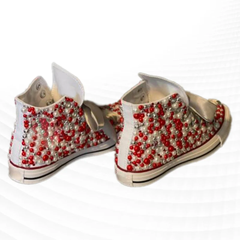 

High-top canvas shoes red stitching pearl rhinestone ribbon walking street shooting handmade pearl vulcanized shoes 35-46