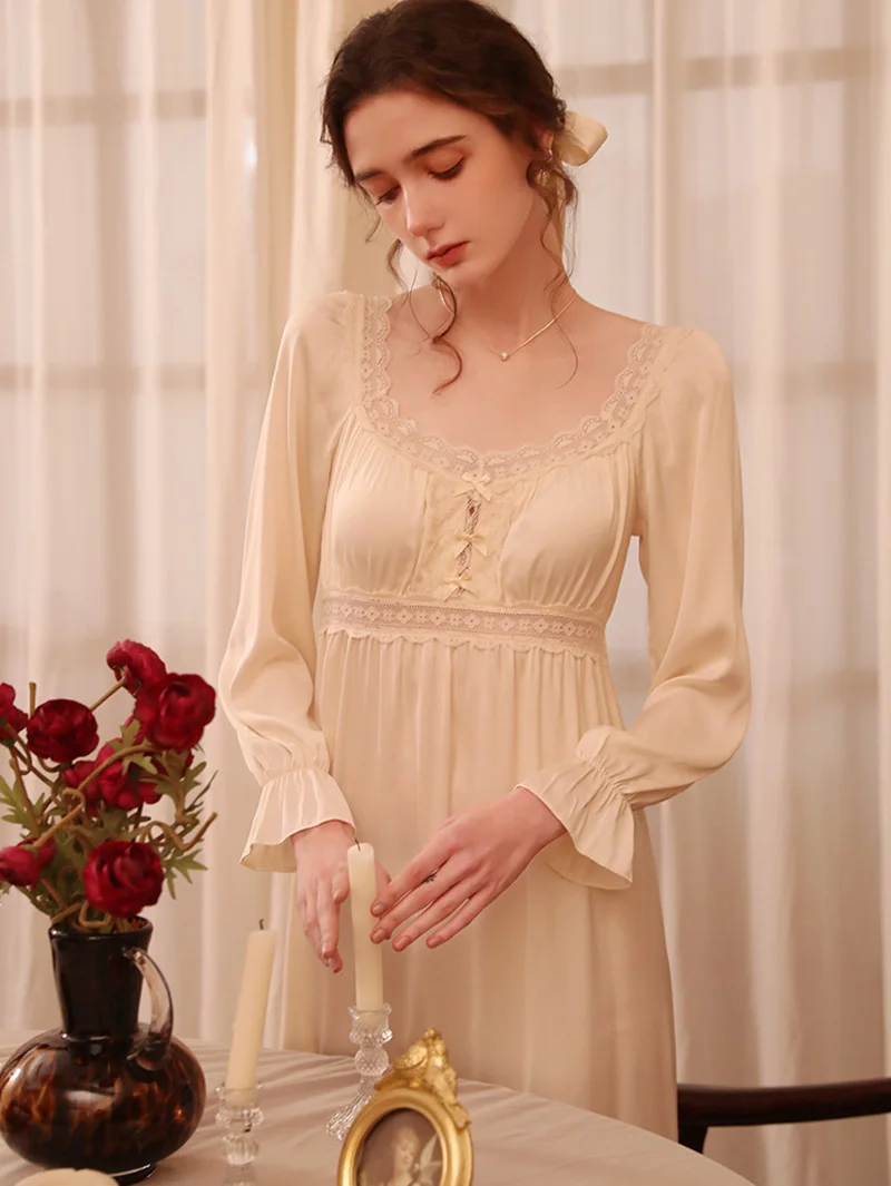 Women Spring Summer French Silk Lace Hollow Out Long Sleeve Nightdress Sexy Nightgowns Victorian Vintage Princess Sleepwear