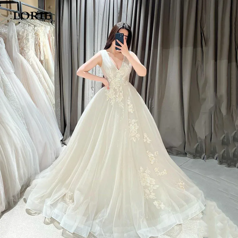 

LORIE V Neck Lace Wedding Dresses Puffy Tulle Sleeveless Appliques Bride Dress Elegant Shiny Modest Bride Wedding Gowns 2024