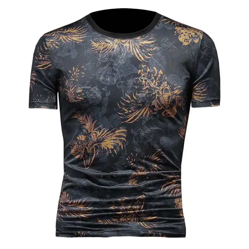 

Men's Clothing Summer Korean Version Youth Retro Print Round Neck Pullover Short Sleeve Fashion Slim Thin Section Breathable