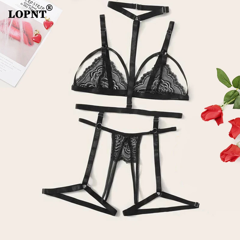 

Lopnt Lingerie Sexy Fancy Underwear Hollow Out Kissy Bra Set 3pcs Garter Lingerie Set Open Croth Panty Fantasy Erotic Lingerie