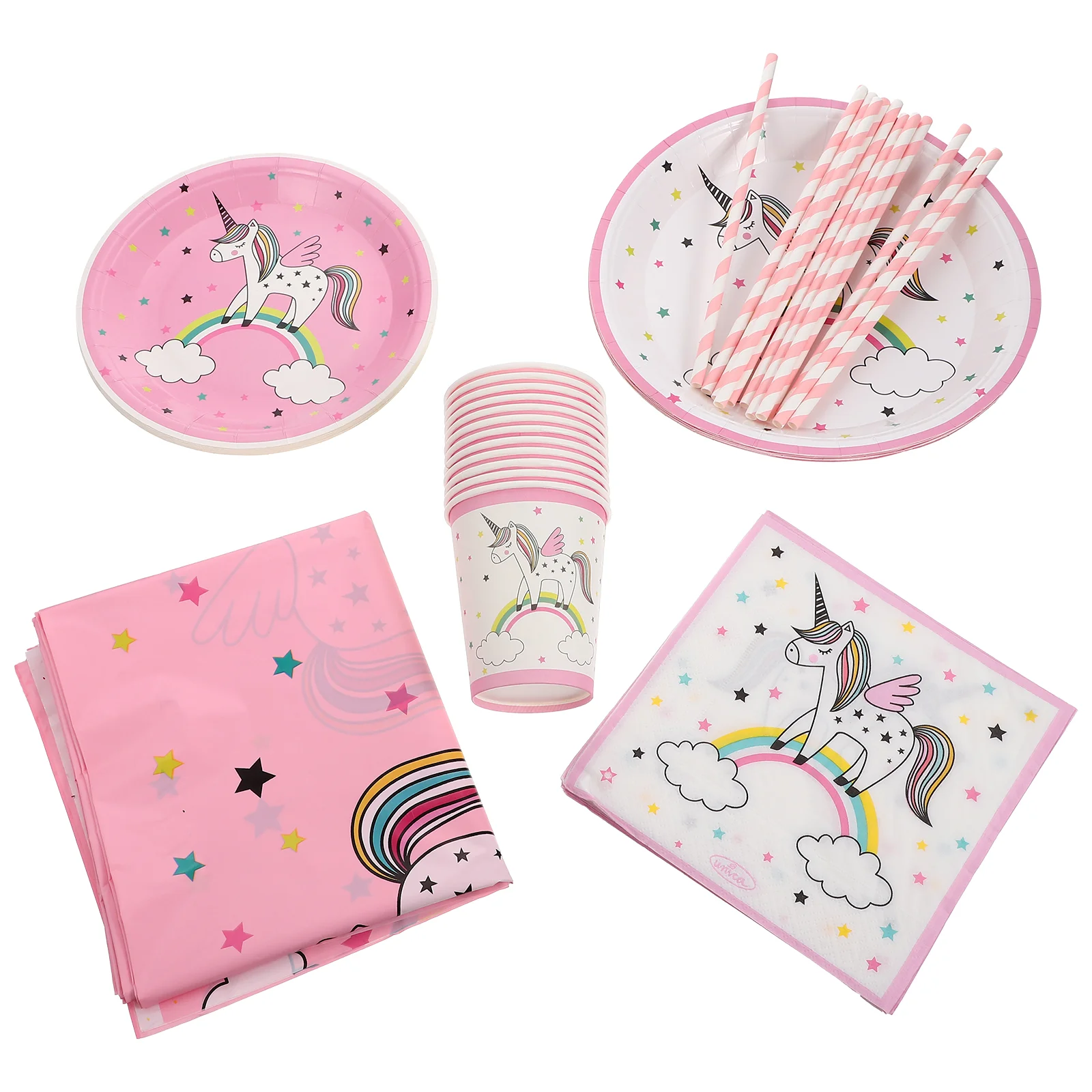 

1 Set of Lovely Tablecloth Safe Paper Plate Paper Cup Disposable Napkin Straw
