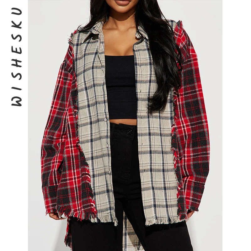 

Women's Patchwork Color Long Sleeve Plaid Loose Shirt Top Lady Summer Autumn Single Breasted Shirt Outwear