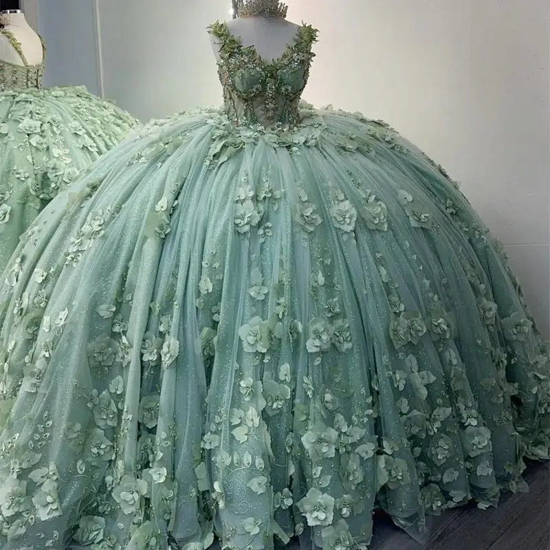 Мятно-зеленое бальное платье принцессы Quinceanera с открытыми плечами и 3D цветочными