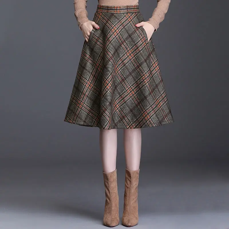 

2022 Winter Wool England Style A-Line High Waist Skirts Plaid Pattern Warm Thick Woolen Skirt Pockets Ladies Longa Saia E320