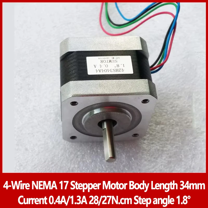 4-проводной корпус шагового двигателя NEMA 17, длина 34 мм, ток 0,4 А/1,3 А, 28/27 Нм, шаговый угол 1,8 °   Шаговый двигатель с одним/двойным выходным валом