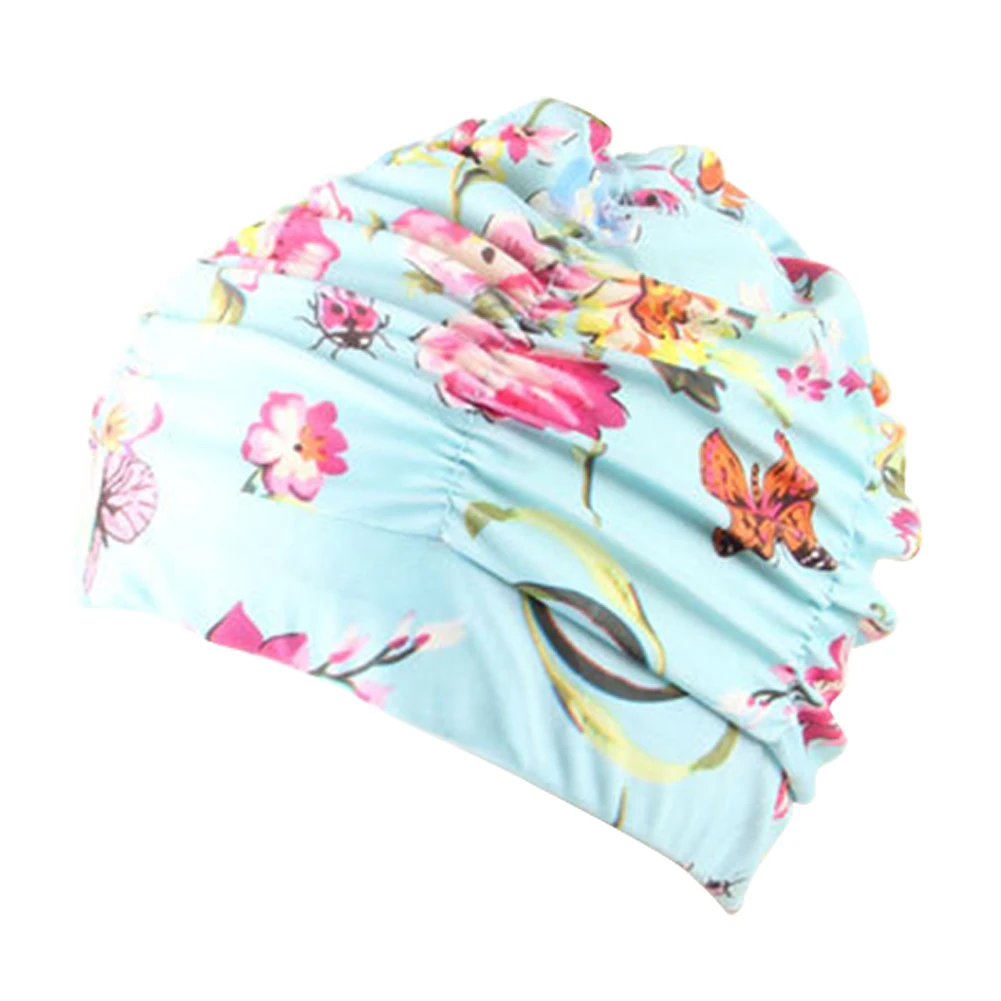 

Women Pleated Nylon Stretch Bathing Swimming Cap Elastic Flower Printed Adult Beach Fashion Long Hair Hat Pool