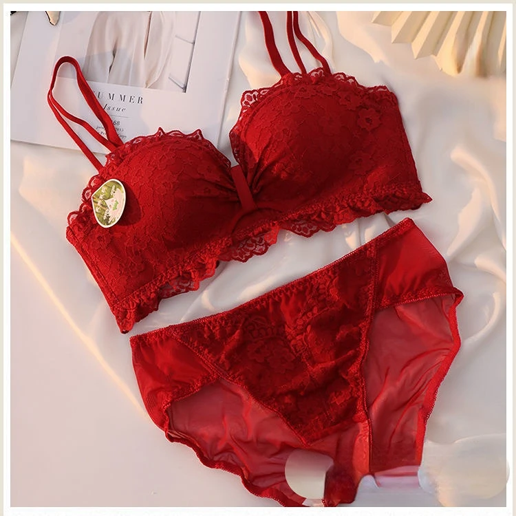 

2023 New Fashion Push Up Lace Bra and Panties Set Underwear with Bandage High Quality Lined Women Lingerie Hollow Out T128