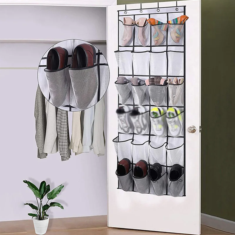 

24 Grids Wall-mounted Sundries Shoe Organiser Fabric Closet Bag Storage Rack Mesh Pocket Clear Hanging Over The Door Cloth Box
