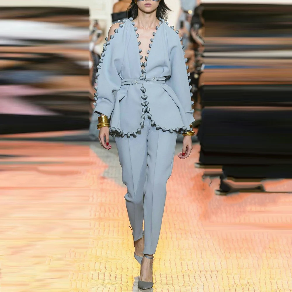 Blue Two-Piece Suit Set More Button Belt Jacket Pants V-Neck Clothing Latest Occasion Party Wear For Ladies