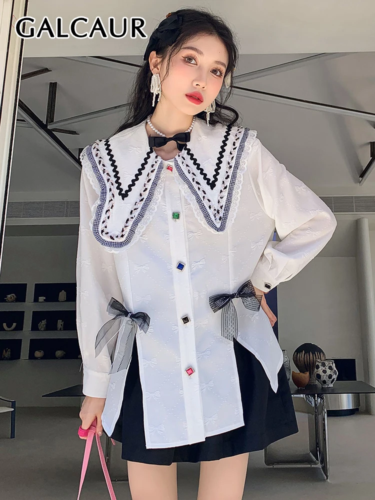

GALCAUR Hit Color Patchwork Bow Shirt For Women Lapel Long Sleeve Side Split Lace Casual Blouse Female Summer Fashion 2022 New