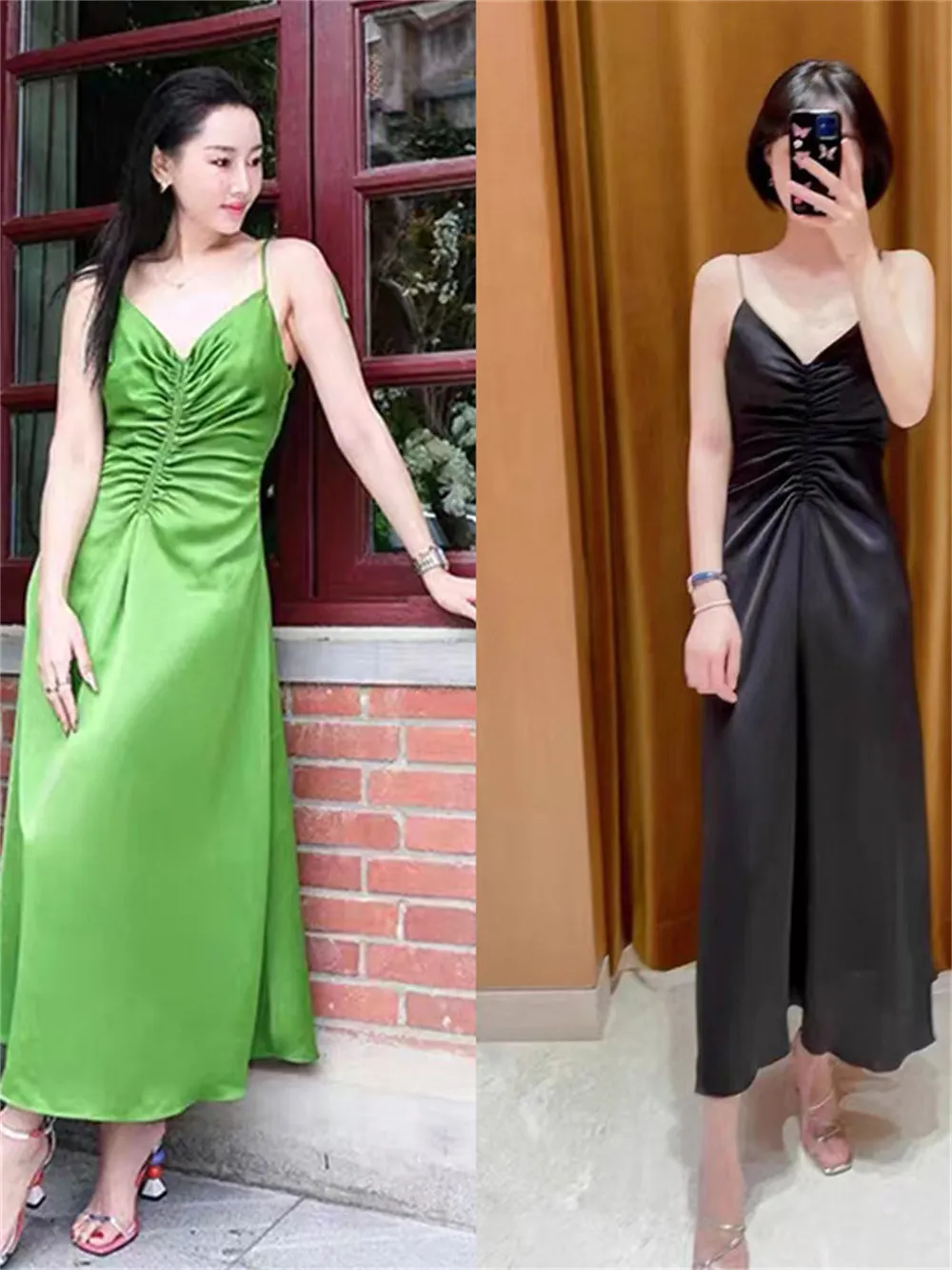 Women V-Neck Sleeveless Satin Sling Dress 2023 Summer New Ladies High Waist Pleated Solid Color Elegant Sexy Long Robe