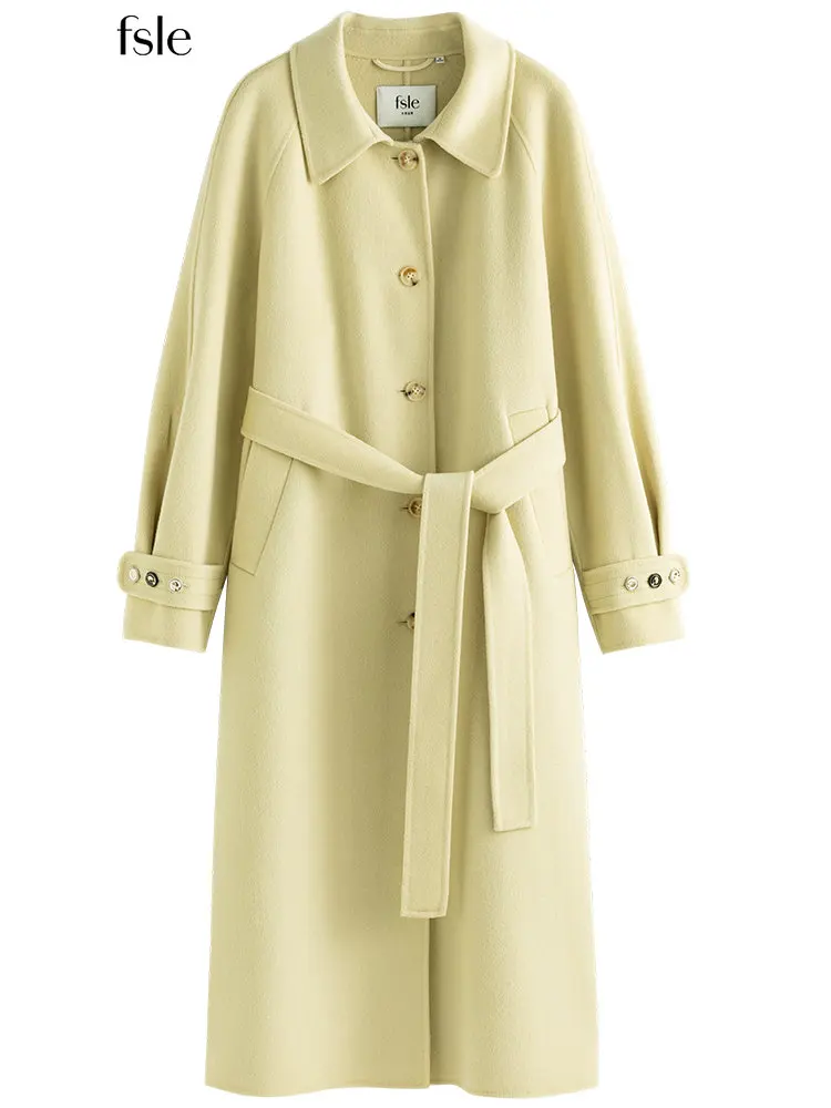 

FSLE 100% Wool Single-Breasted Resin Buttons Yellow Double-Faced Woolen Coat Belt Design 2022 Winter Women Long Woolen Jackets