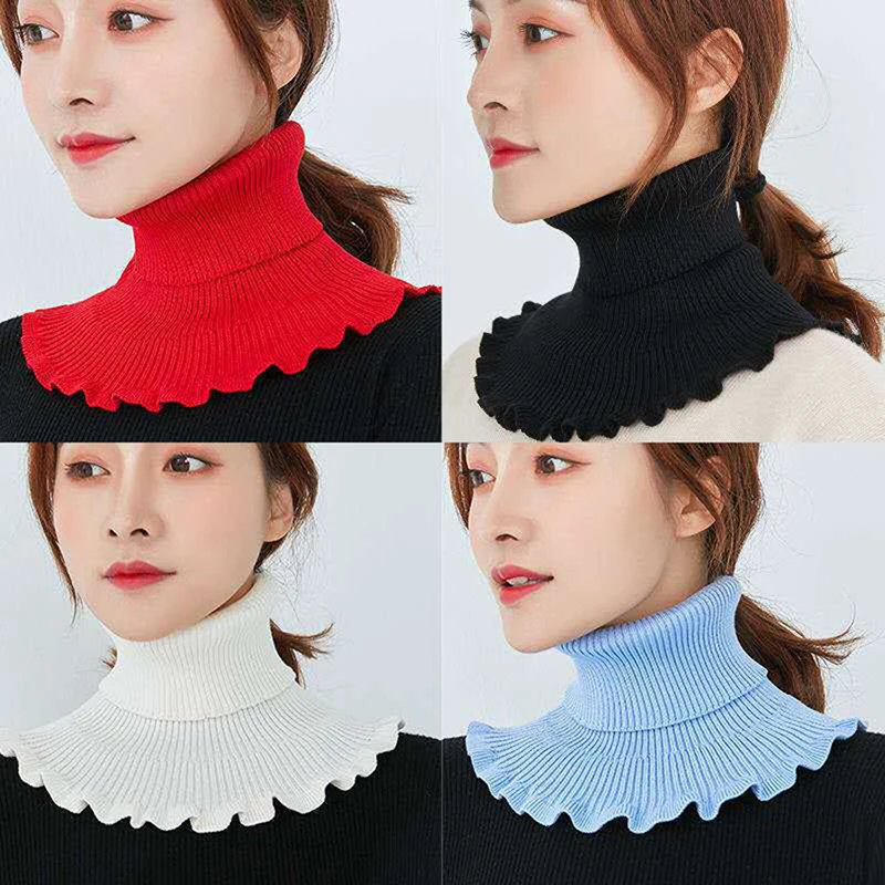 

Unisex Solid Ruffle Elastic Wool Knit Pullover False Colloar Warm Scarve Winter Female Cycling Windproof Neck Guard Scarf
