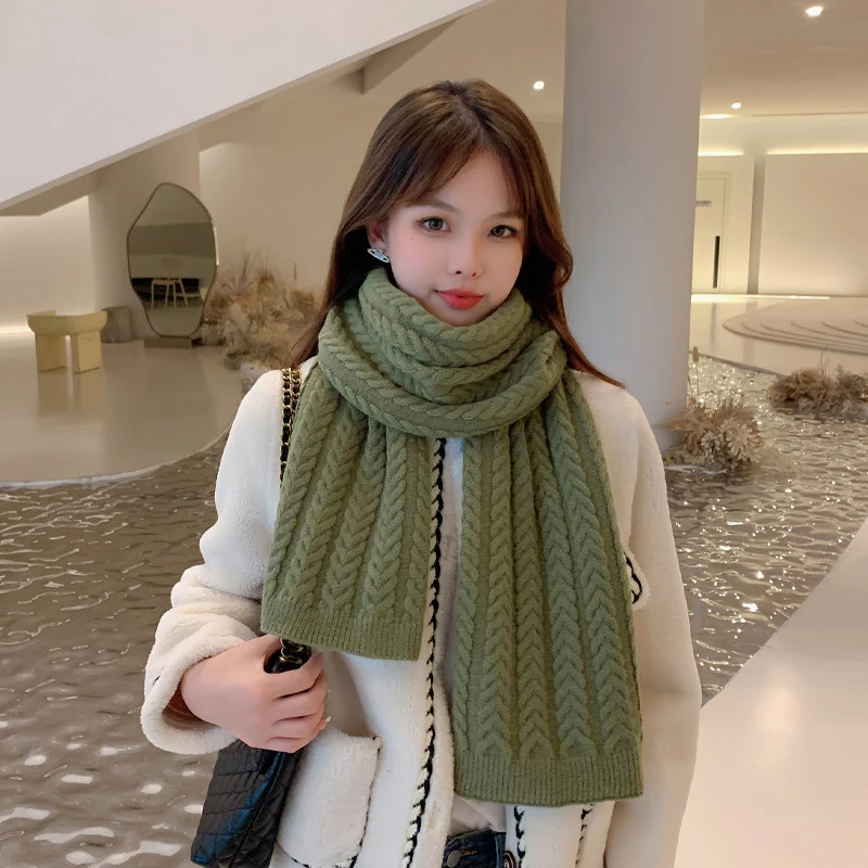 

2023 Thick Woolen Yarn Women Scarf Skinny Solid Braid Long Knitted Warm Winter Anual Shawls and Wraps Bufanda Scarves Foulard