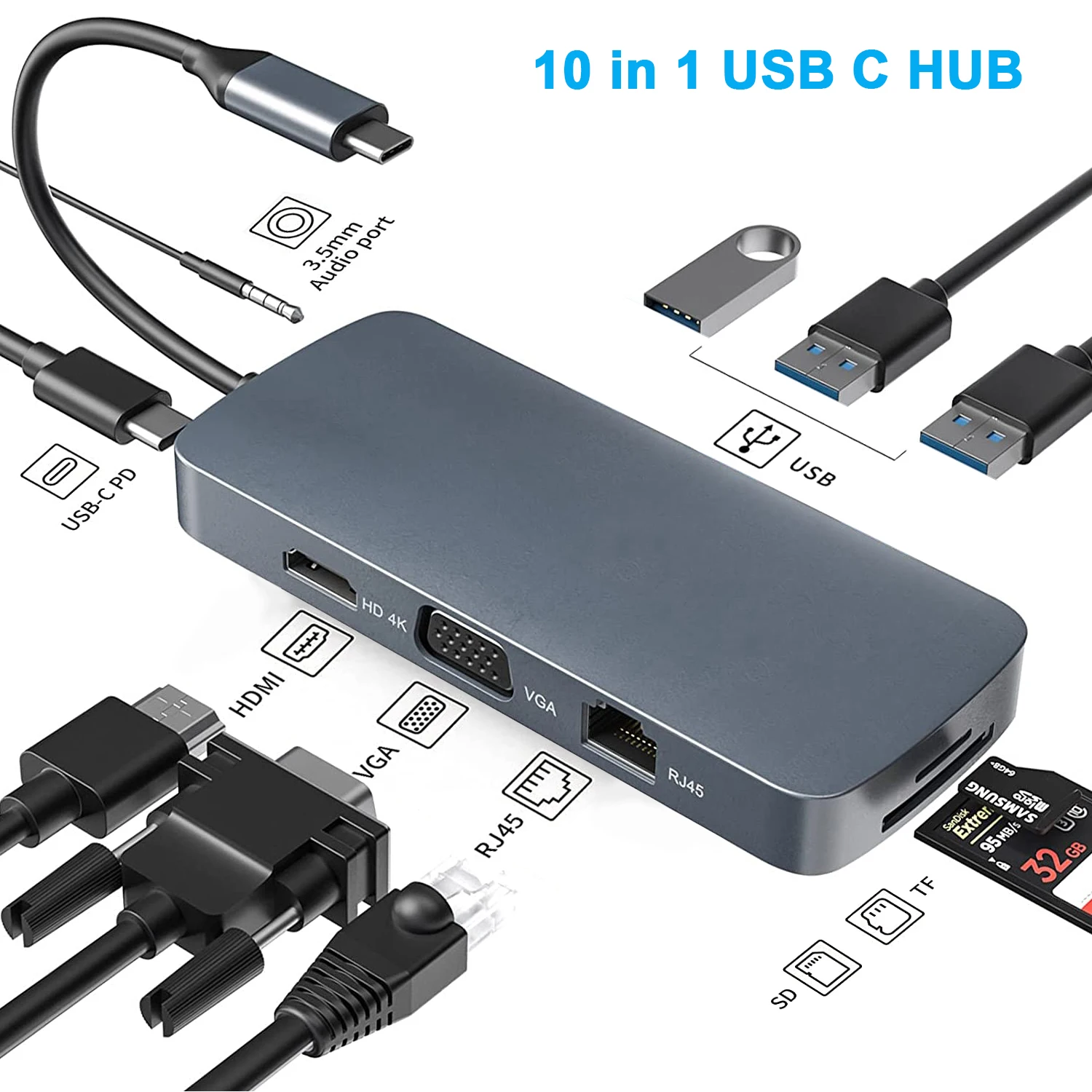 Фото Док-станция 10 в 1 с адаптером USB C 4K HDMI VGA RJ45 100 Вт PD 3 5 мм SD/TF для MacBook Pro Huawei Mate - купить