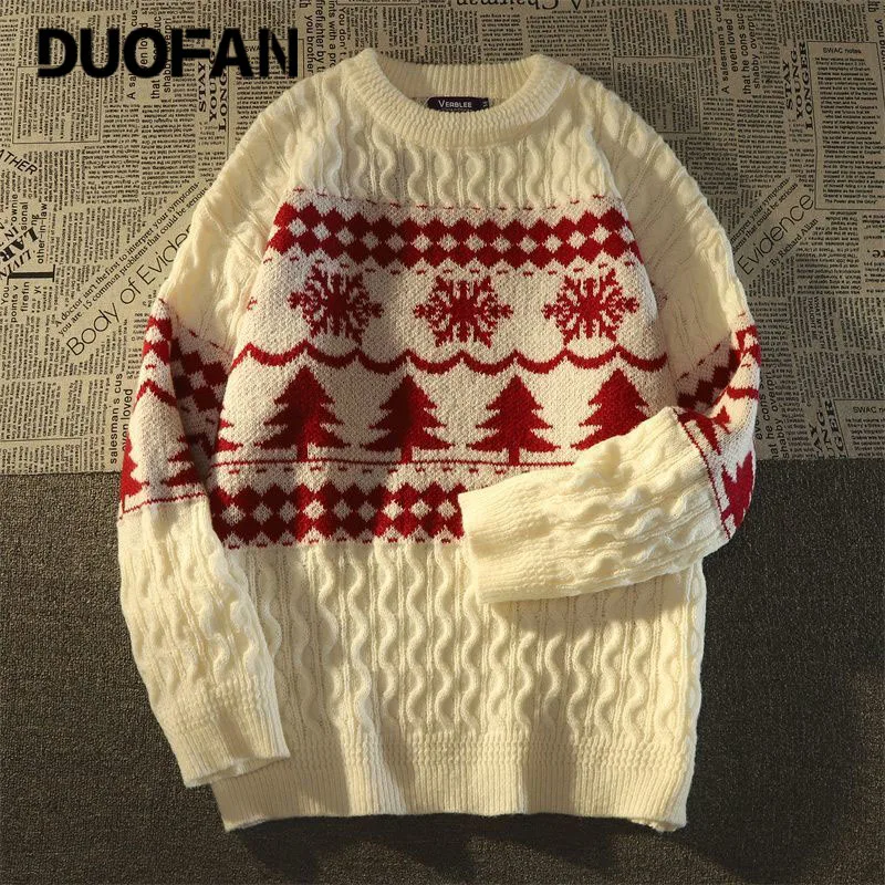 

DUOFAN Christmas Tree Sweater for Woman 2022 Vintage Casual Unisex Knitted Pullover Red Loose O-neck Fashion Ladies Jumpers