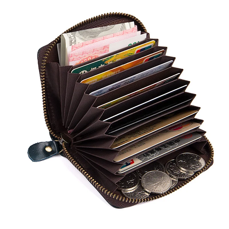 Fashion Women and Men Zipper Credit Card Holder Oil Wax Genuine Leather RFID Cards Zip Pouch Key Coin Small Change Card Bag