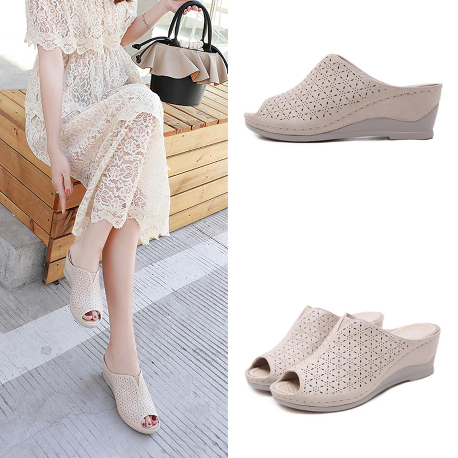 Hollow-out Slope Heel Slippers For Women Lightweight Soft Sole Outdoor Slippers For Shopping