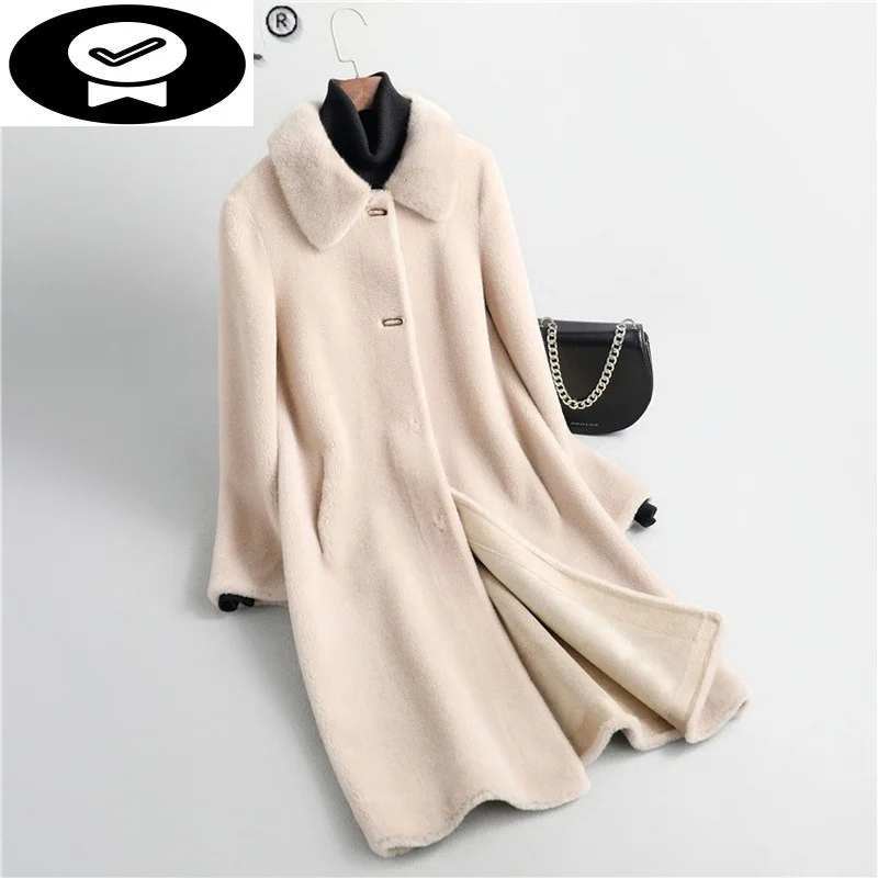 

100% Real Mink Autumn Fur Collar Sheep Shearing Coat Female Winter 2023 Elegant Wool Jacket Women Casaco Feminino Gxy636