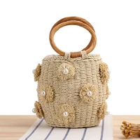 2022 handwoven bag straw bucket flower pearl handbag for women luxury purse drawstring round top handle shopping tote beach bag