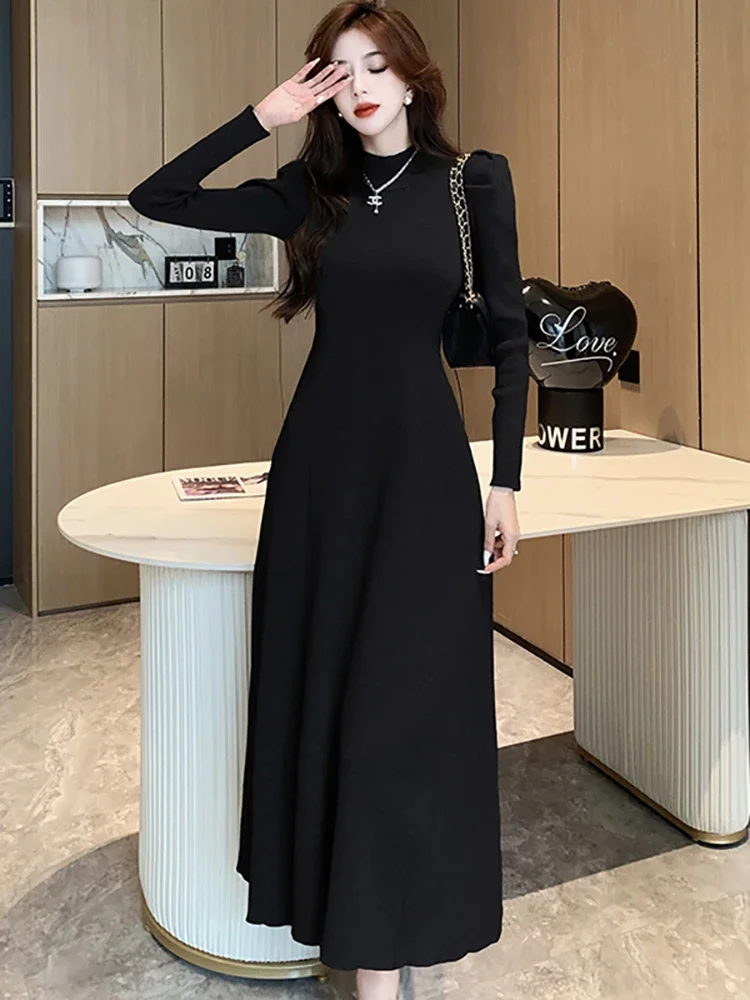 

Black Knitted Turtleneck Warm Long Dress for Ladies 2023 Korean Vintage Hepburn Prom Dress Autumn Winter Elegant High Waist Robe