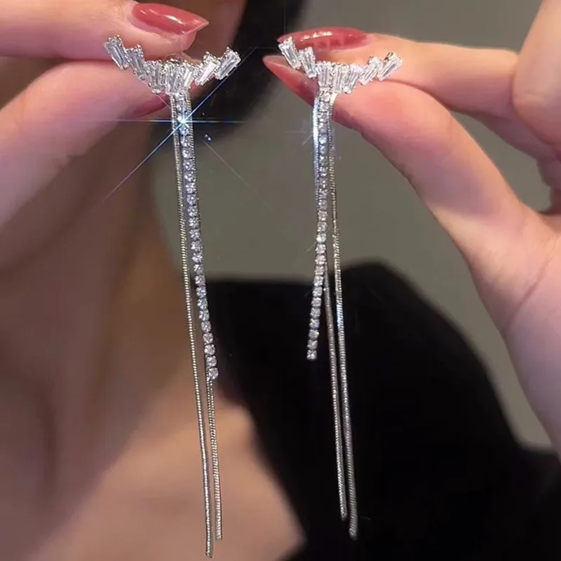 

Silver Colour Zircon Tassel Long Earrings for Women Fashion Personality Summer Daily Accessories Party Jewelry Birthday Gifts