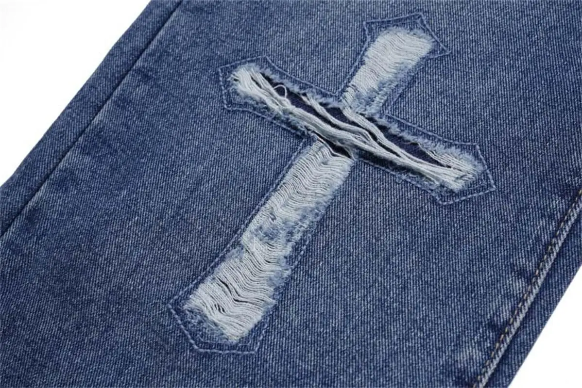 INS American High Street Washed And Worn Cross Skull Straight Jeans Men's Tide Brand Hip-Hop Punk Casual Trousers