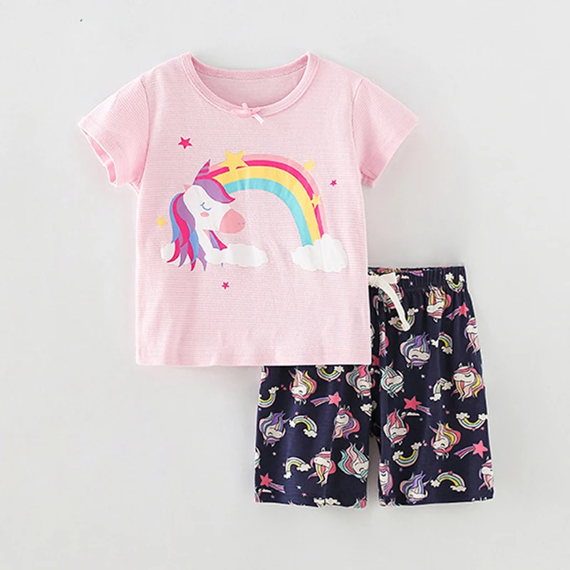 

Rainbow Girls Summer Sport Clothes Kids Cotton Casual Crewneck Short Sleeve T-Shirt + Shorts Children Outfits Unicorn 2-8Y