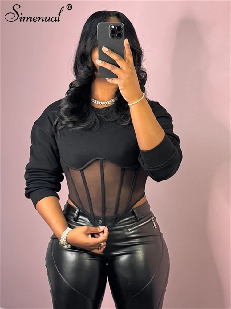 Simenual панк гранж черные сетчатые лоскутные укороченные топы повседневные