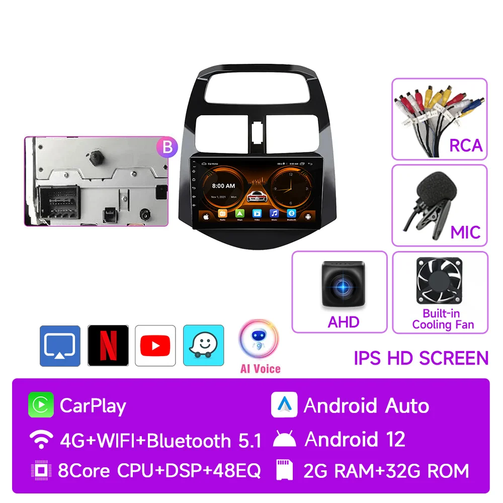 

Автомагнитола JIUYIN 2Din, 4G, Android 12, мультимедийный видеоплеер для Chevrolet Spark Beat Matiz, навигационная система Carplay 2010-2014