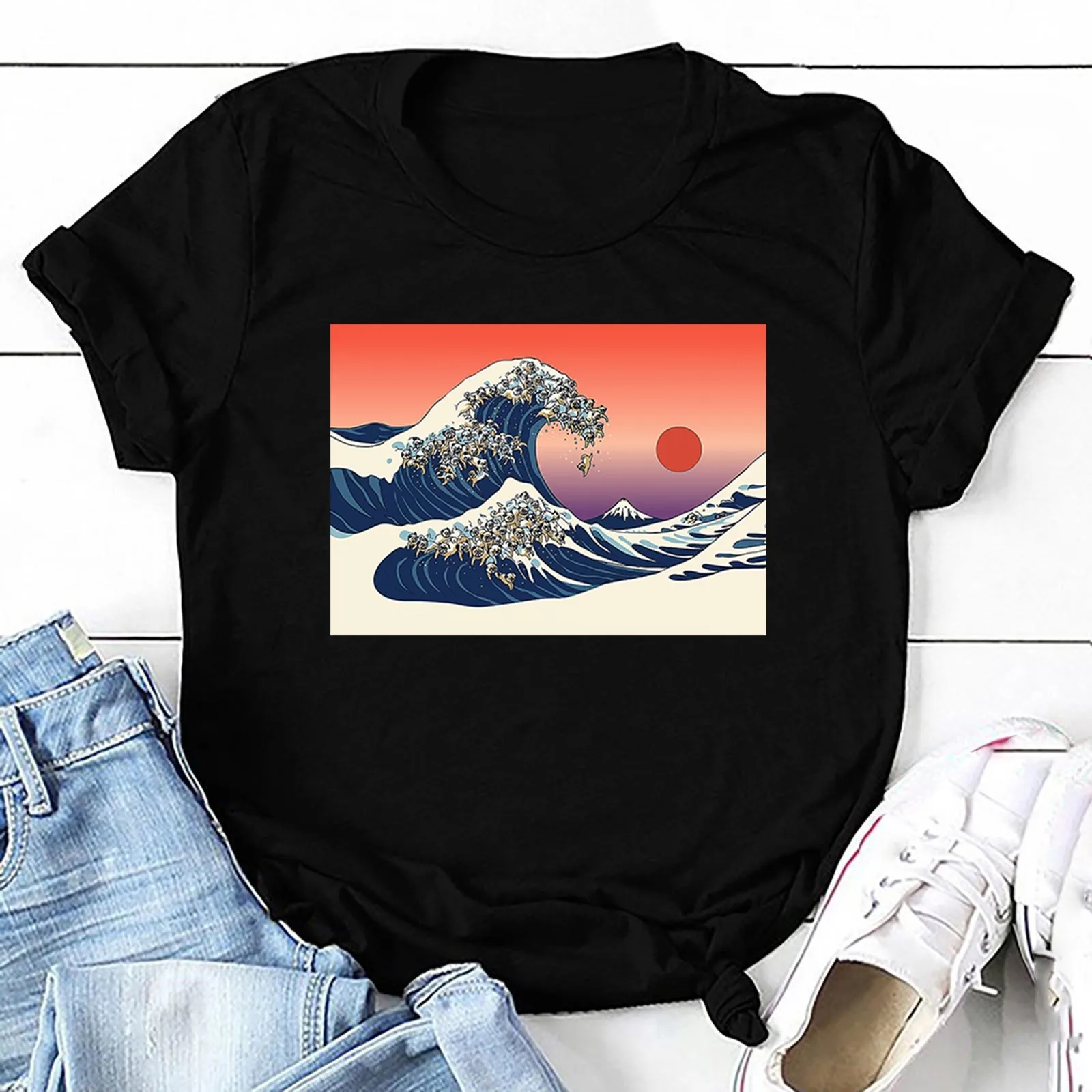 

Women Graphic Great Wave Fashion Casual Cute 90s Style Vintage Lady Tees Print Tops Clothing Female T Shirt Womens Men T-Shirt